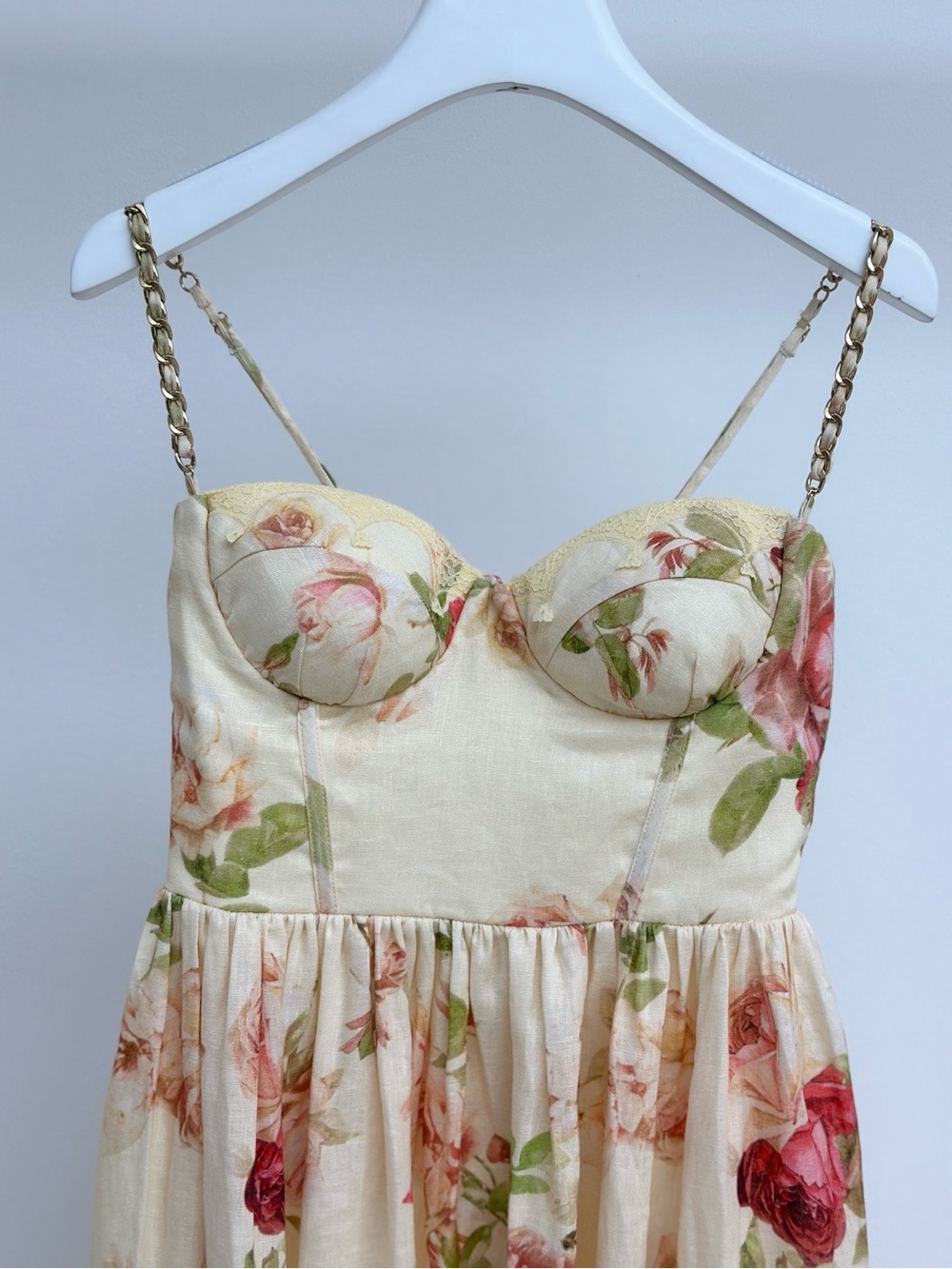 Zimmermann Cream Floral Bustier Midi Dress with Gold Chain Straps - Picture 3 of 9